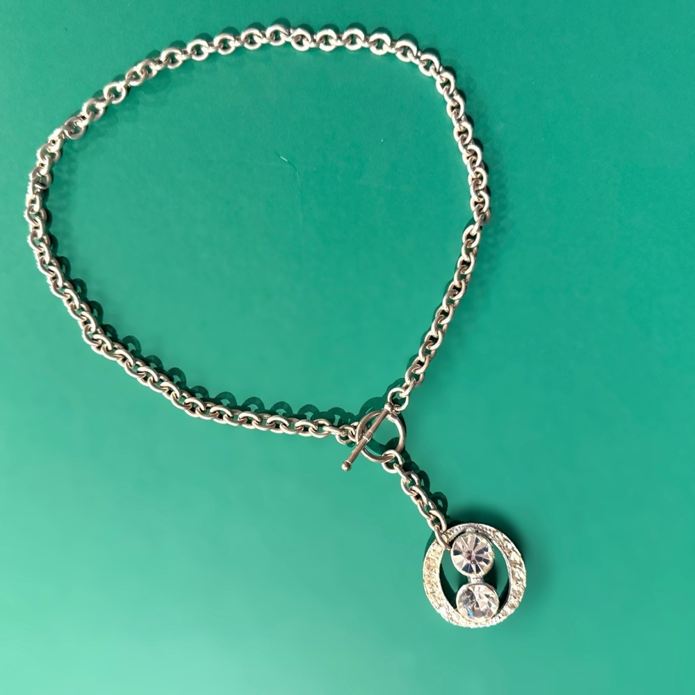 Silver Chunky Chain with Vintage Rhinestone Pendant